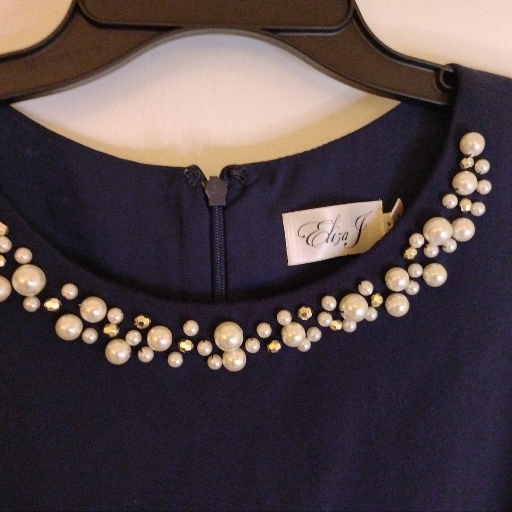 Elegant Navy Blue Sleeveless Dress From Eliza J with Embellished Neckline - Picture 2 of 6